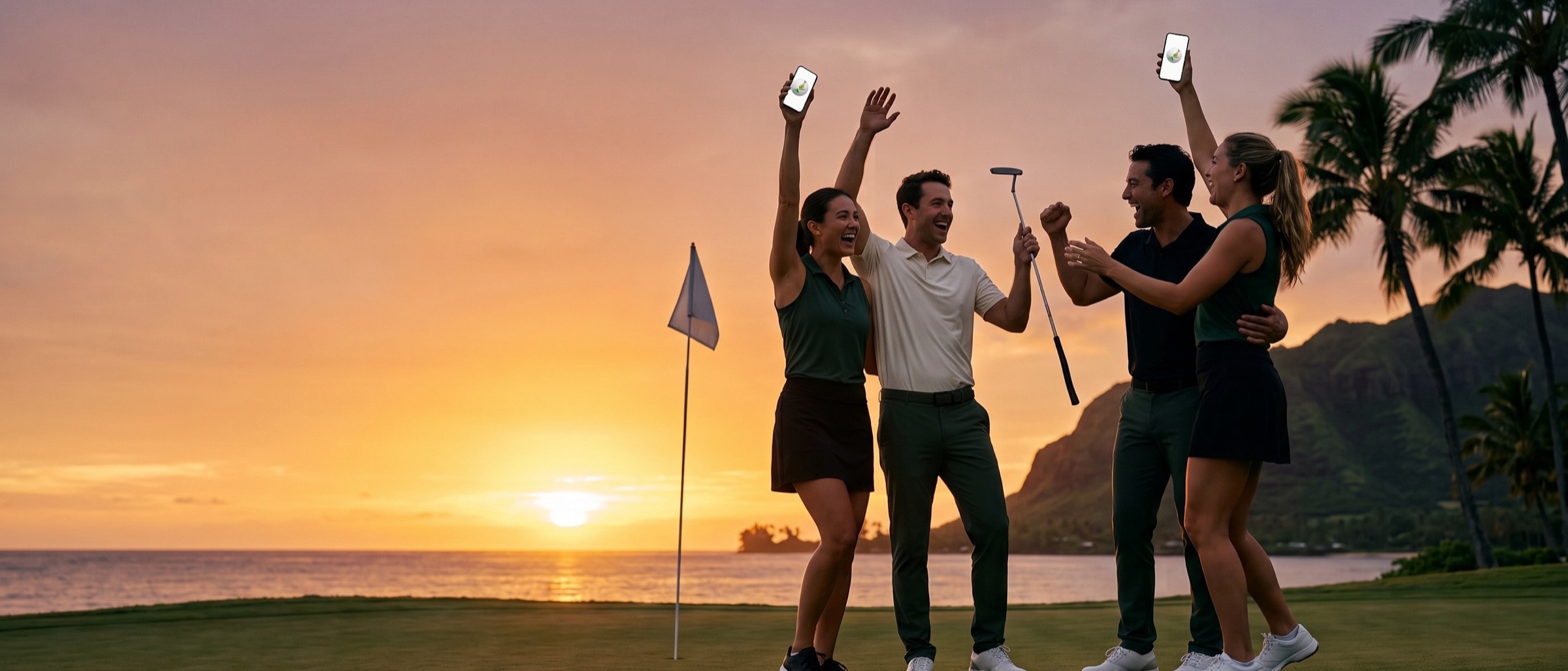Four golfers celebrating on the final green at sunset, phones in the air