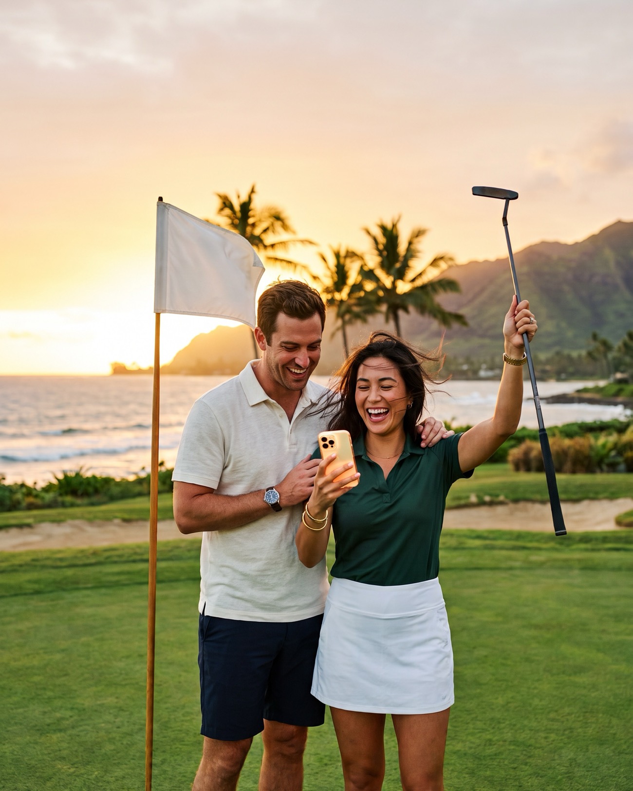 A couple celebrating on the 18th green at golden hour, putter in one hand and phone in the other