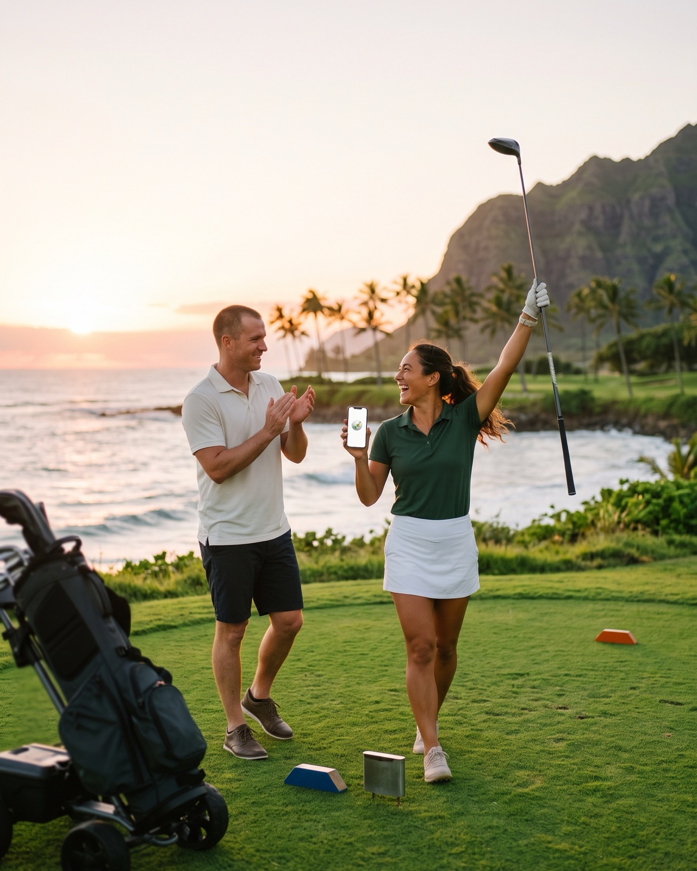 A golfer celebrating her drive on the tee box, driver raised and phone in hand