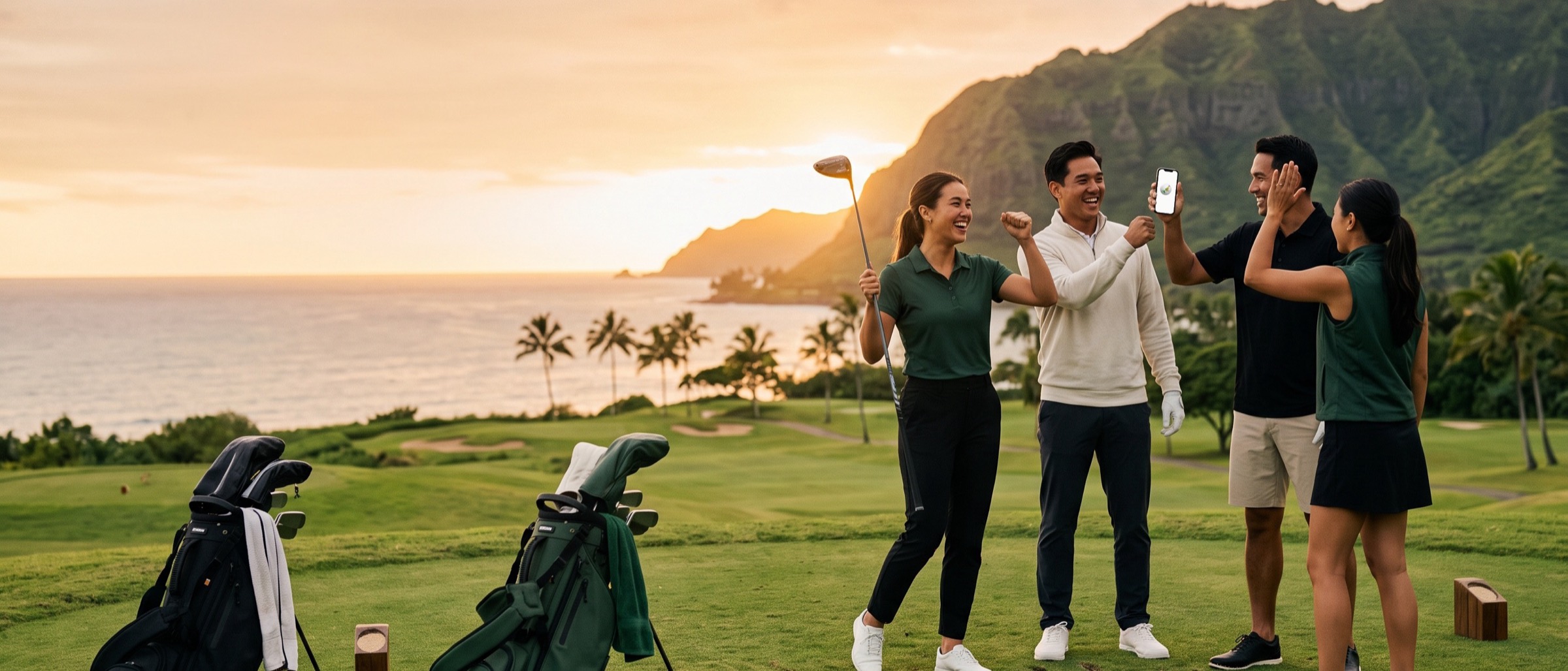 Four golfers celebrating on the first tee at golden hour, phone in hand